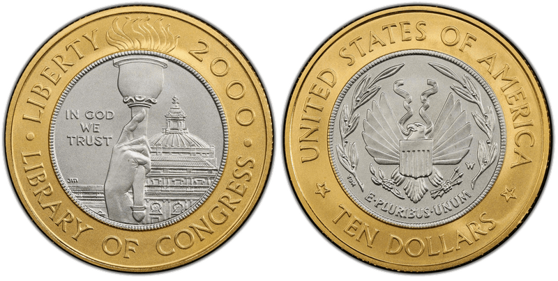 2000-W Library of Congress $10 Bimetallic — first bimetallic US coin, gold and platinum